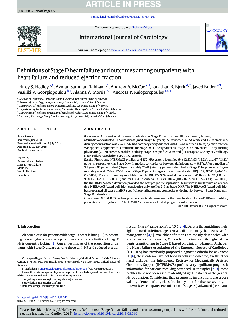 Definitions of Stage D heart failure and outcomes among outpatients with heart failure and reduced ejection fraction