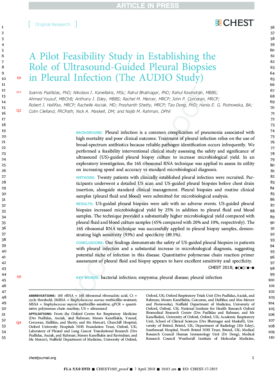 A Pilot Feasibility Study in Establishing the Role of Ultrasound-Guided Pleural Biopsies in Pleural Infection (The AUDIO Study)