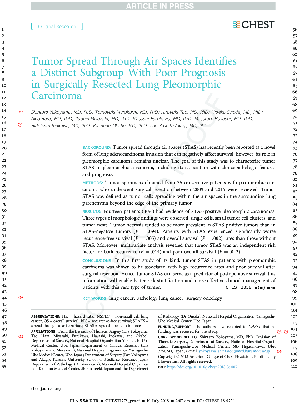 Tumor Spread Through Air Spaces Identifies a Distinct Subgroup With Poor Prognosis inÂ Surgically Resected Lung Pleomorphic Carcinoma