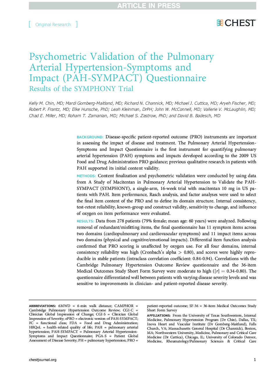 Psychometric Validation of the Pulmonary Arterial Hypertension-Symptoms and Impact (PAH-SYMPACT) Questionnaire