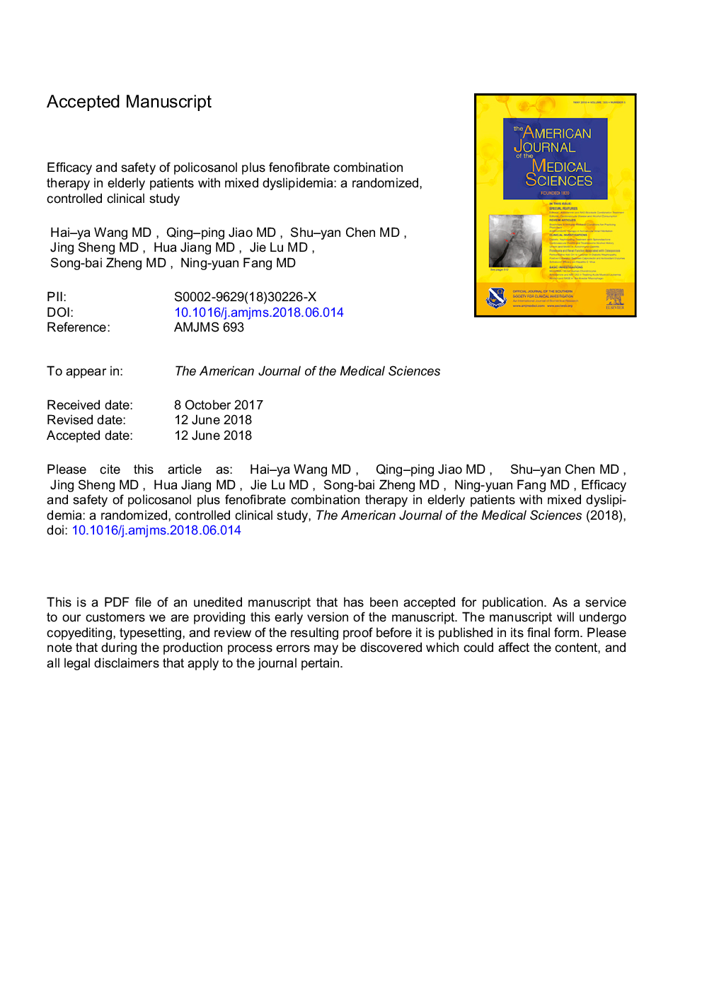 Efficacy and Safety of Policosanol Plus Fenofibrate Combination Therapy in Elderly Patients with Mixed Dyslipidemia: A Randomized, Controlled Clinical Study