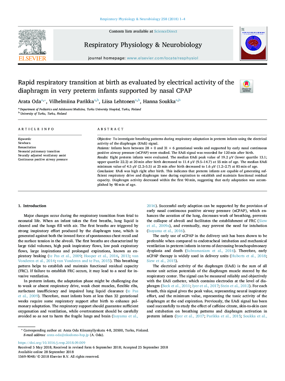 Rapid respiratory transition at birth as evaluated by electrical activity of the diaphragm in very preterm infants supported by nasal CPAP