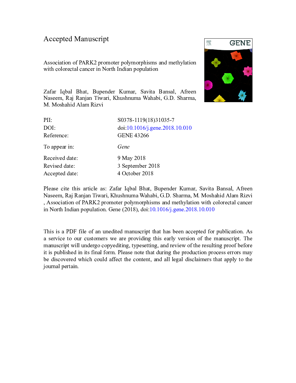 Association of PARK2 promoter polymorphisms and methylation with colorectal cancer in North Indian population