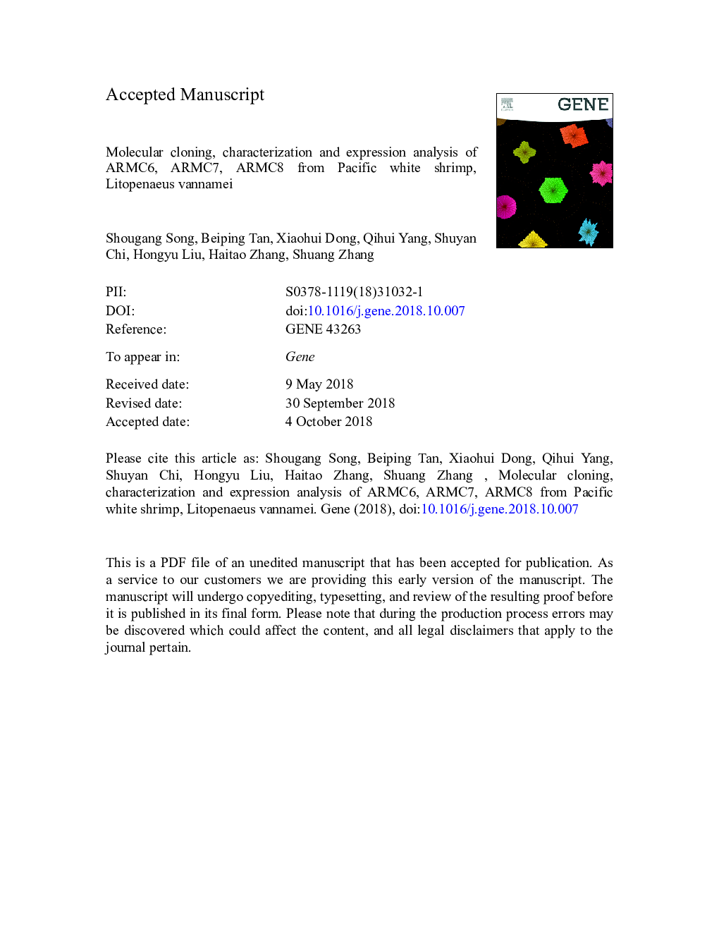 Molecular cloning, characterization and expression analysis of ARMC6, ARMC7, ARMC8 from Pacific white shrimp, Litopenaeus vannamei