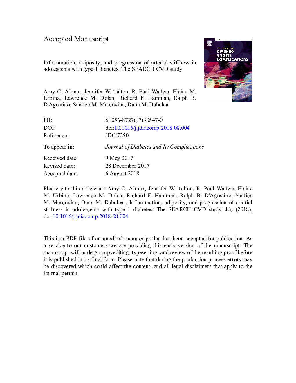 Inflammation, adiposity, and progression of arterial stiffness in adolescents with type 1 diabetes: The SEARCH CVD Study