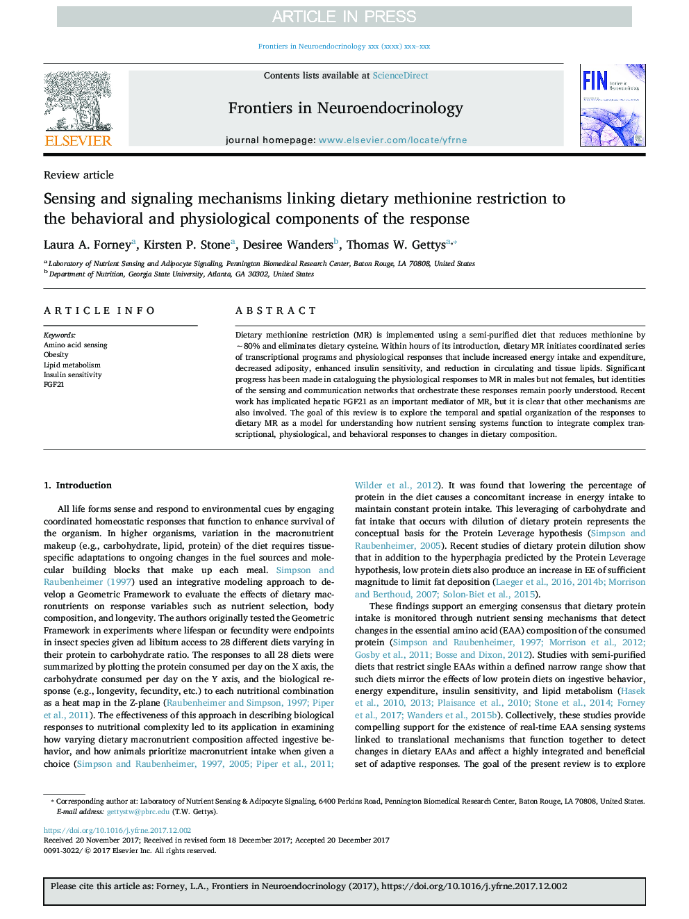 Sensing and signaling mechanisms linking dietary methionine restriction to the behavioral and physiological components of the response