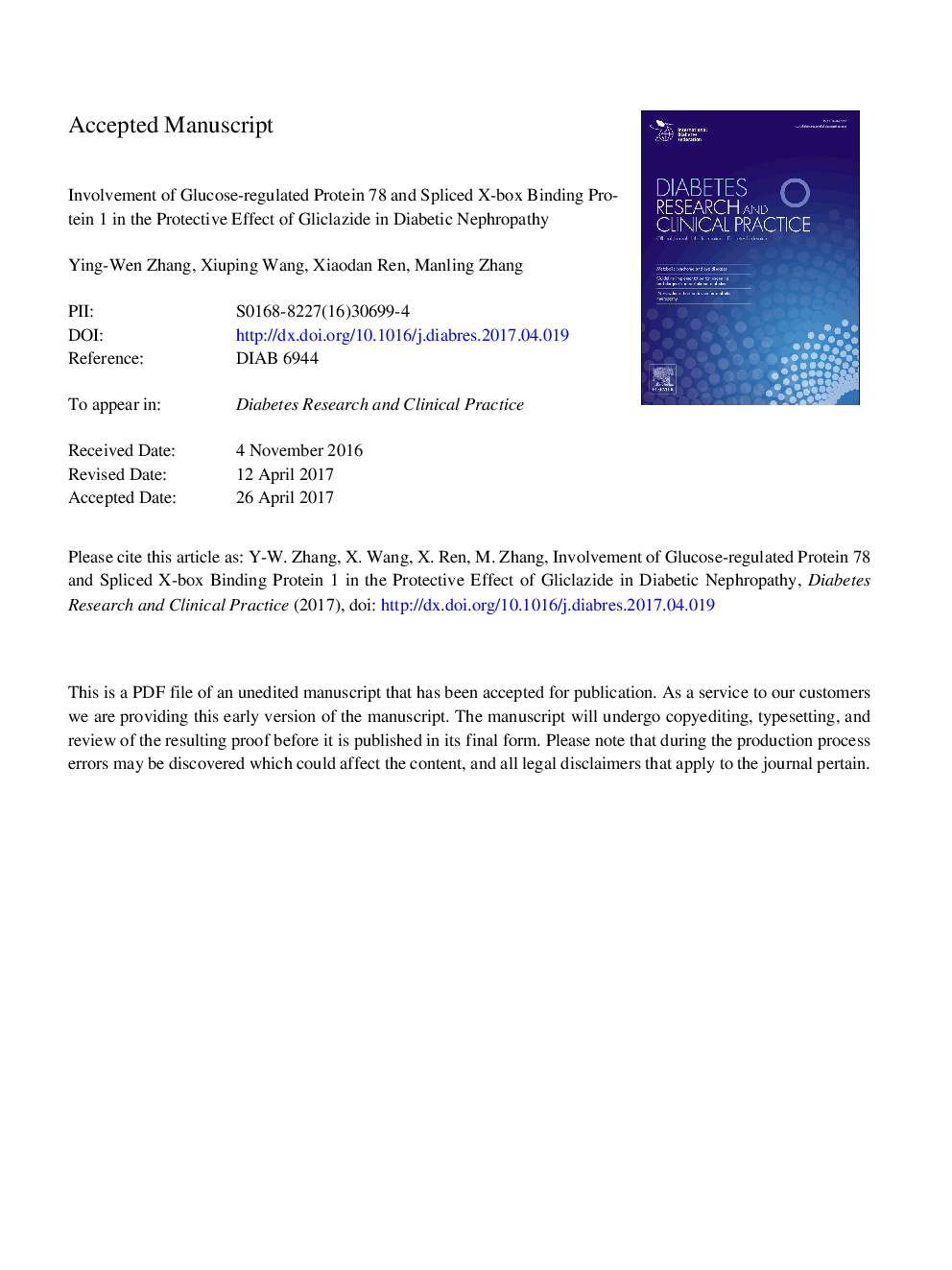 Involvement of glucose-regulated protein 78 and spliced X-box binding protein 1 in the protective effect of gliclazide in diabetic nephropathy