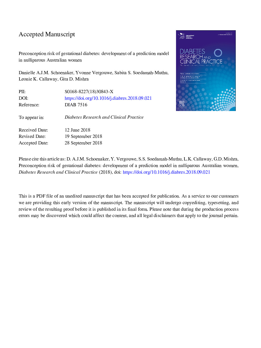 Preconception risk of gestational diabetes: Development of a prediction model in nulliparous Australian women