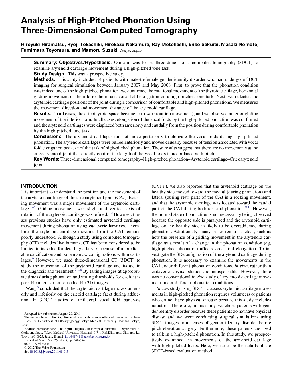 Analysis of High-Pitched Phonation Using Three-Dimensional Computed Tomography 