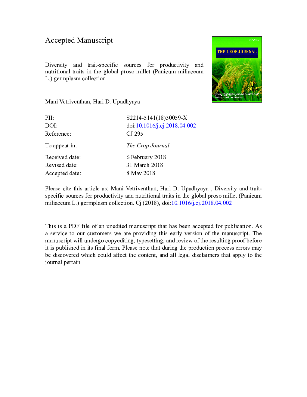 Diversity and trait-specific sources for productivity and nutritional traits in the global proso millet (Panicum miliaceum L.) germplasm collection