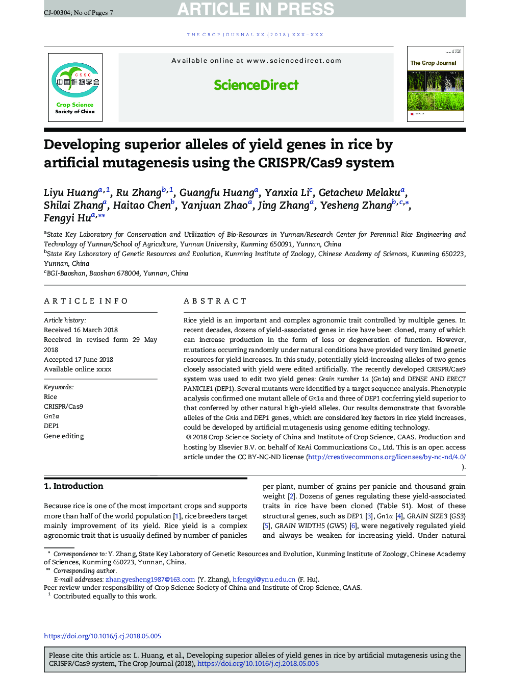 Developing superior alleles of yield genes in rice by artificial mutagenesis using the CRISPR/Cas9 system
