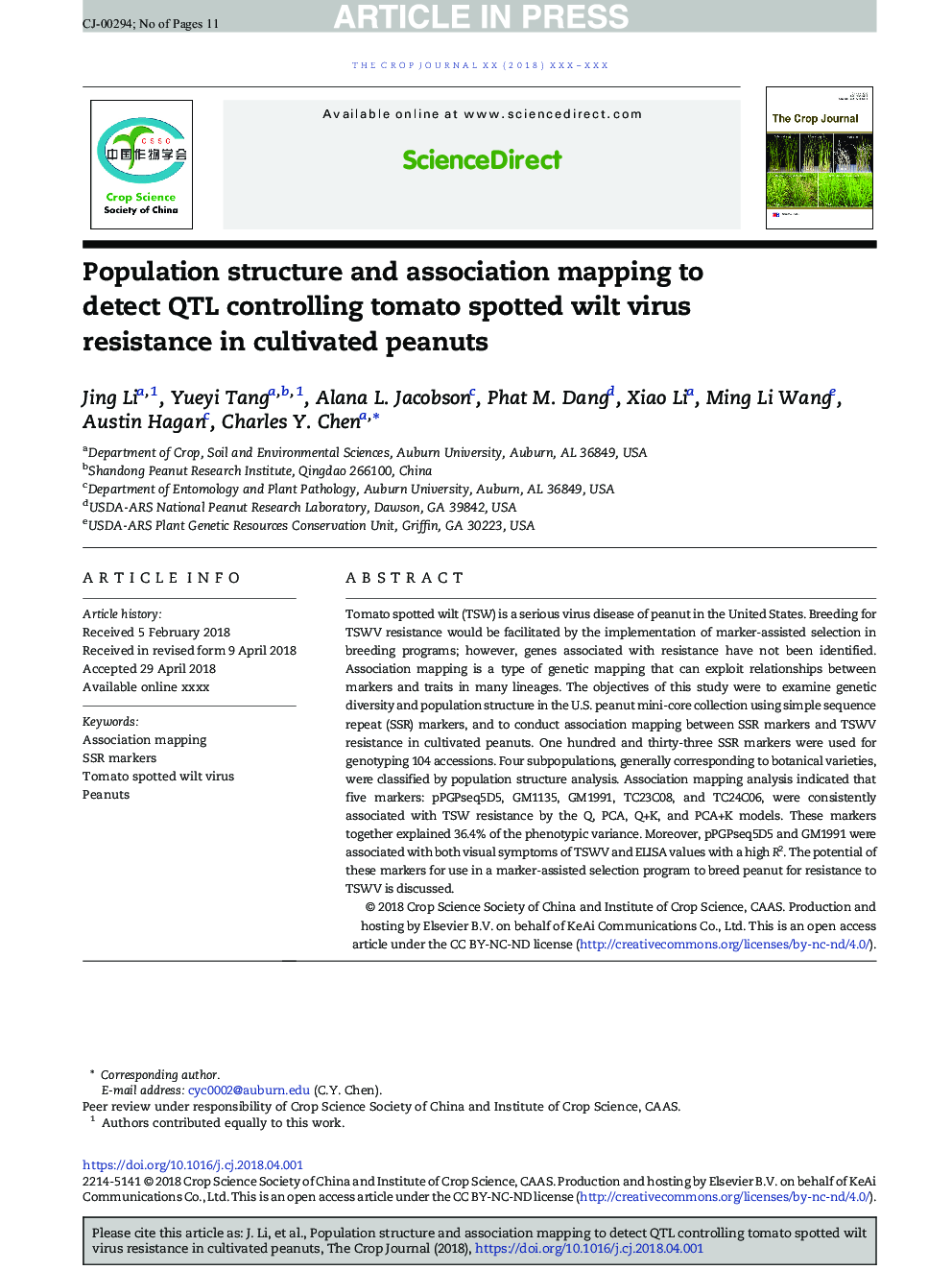 Population structure and association mapping to detect QTL controlling tomato spotted wilt virus resistance in cultivated peanuts
