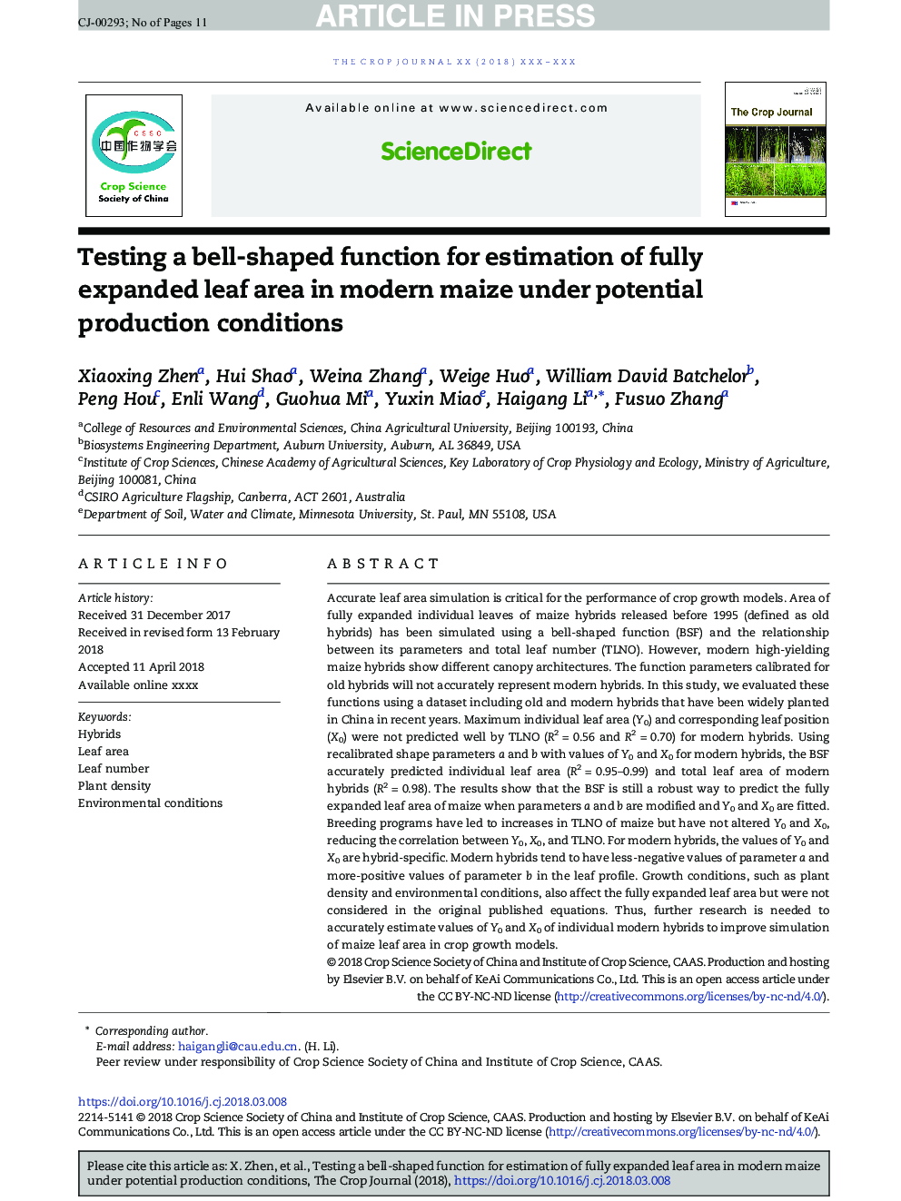 Testing a bell-shaped function for estimation of fully expanded leaf area in modern maize under potential production conditions