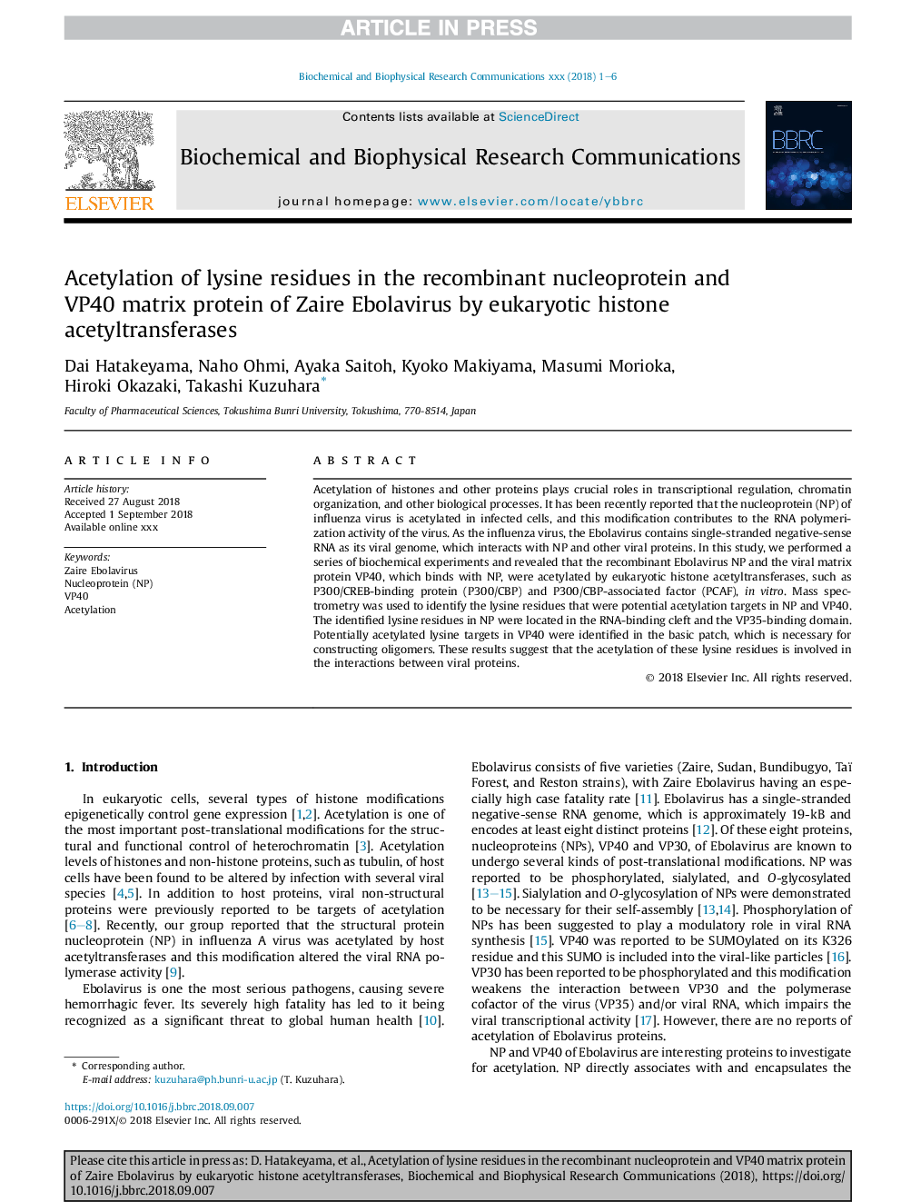 Acetylation of lysine residues in the recombinant nucleoprotein and VP40 matrix protein of Zaire Ebolavirus by eukaryotic histone acetyltransferases