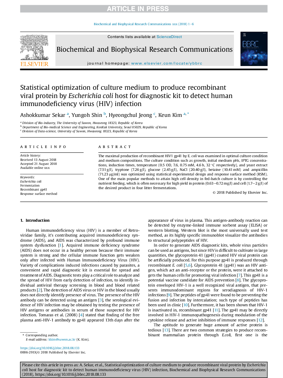 Statistical optimization of culture medium to produce recombinant viral protein by Escherichia coli host for diagnostic kit to detect human immunodeficiency virus (HIV) infection