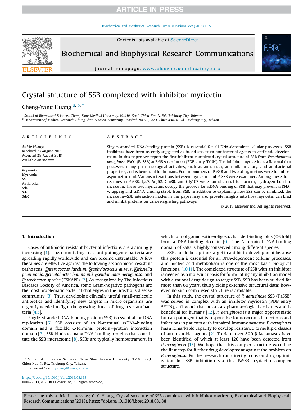 Crystal structure of SSB complexed with inhibitor myricetin