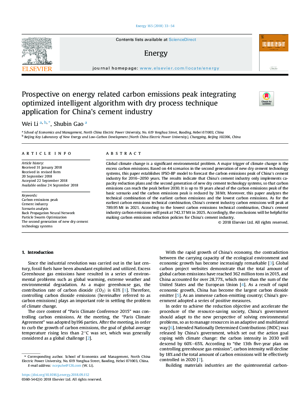 Prospective on energy related carbon emissions peak integrating optimized intelligent algorithm with dry process technique application for China's cement industry