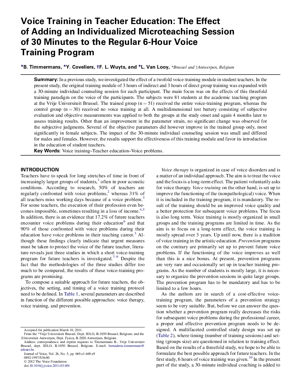 Voice Training in Teacher Education: The Effect of Adding an Individualized Microteaching Session of 30 Minutes to the Regular 6-Hour Voice Training Program