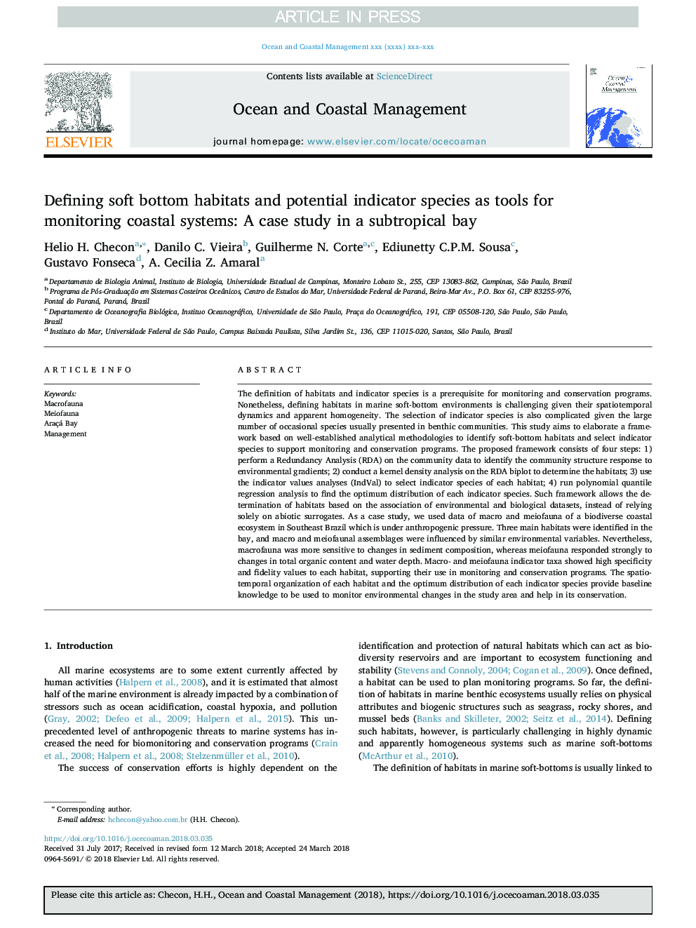 Defining soft bottom habitats and potential indicator species as tools for monitoring coastal systems: A case study in a subtropical bay