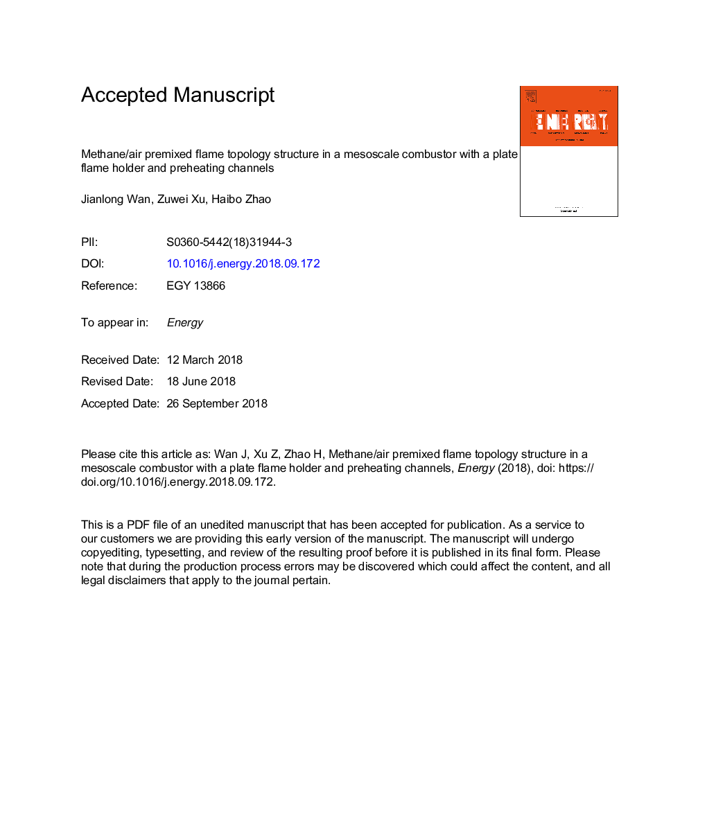 Methane/air premixed flame topology structure in a mesoscale combustor with a plate flame holder and preheating channels