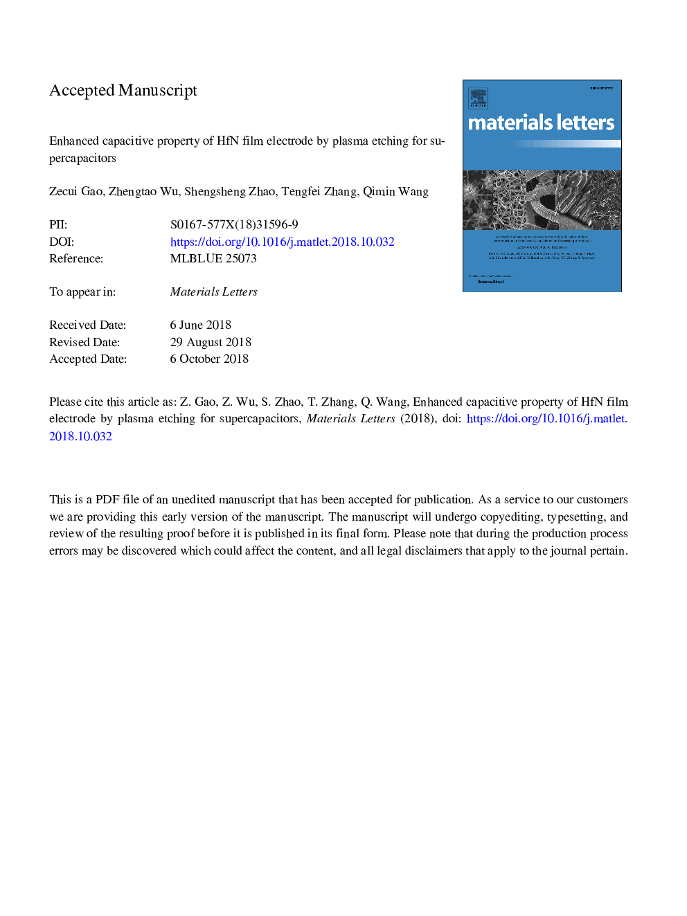 Enhanced capacitive property of HfN film electrode by plasma etching for supercapacitors