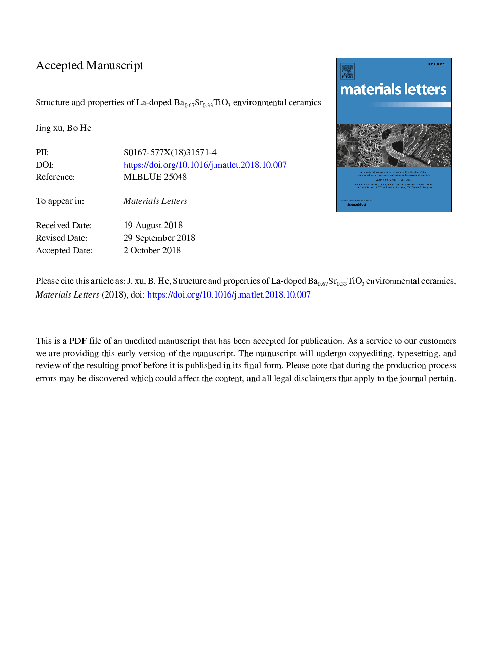 Structure and properties of La-doped Ba0.67Sr0.33TiO3 environmental ceramics