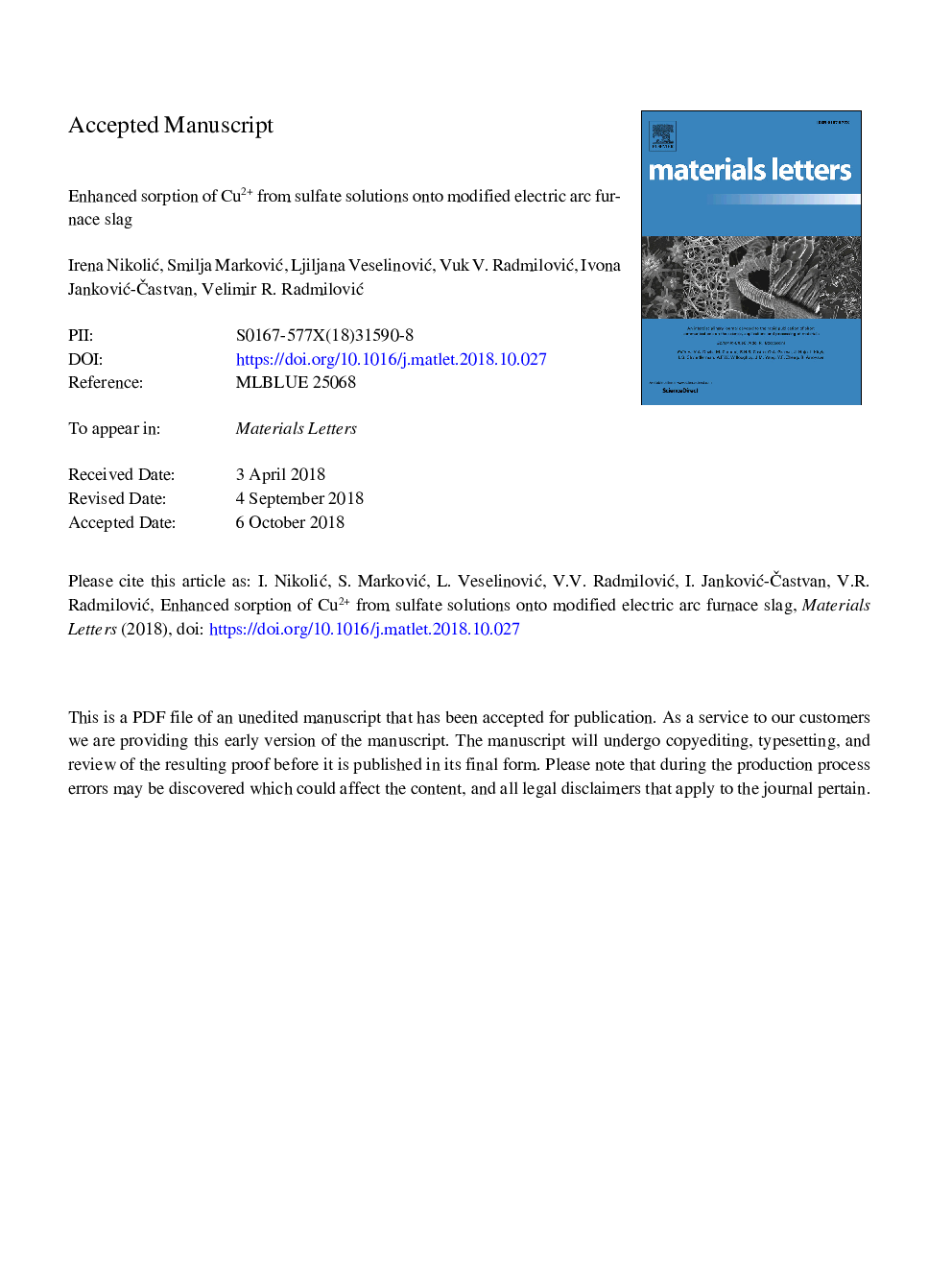 Enhanced sorption of Cu2+ from sulfate solutions onto modified electric arc furnace slag