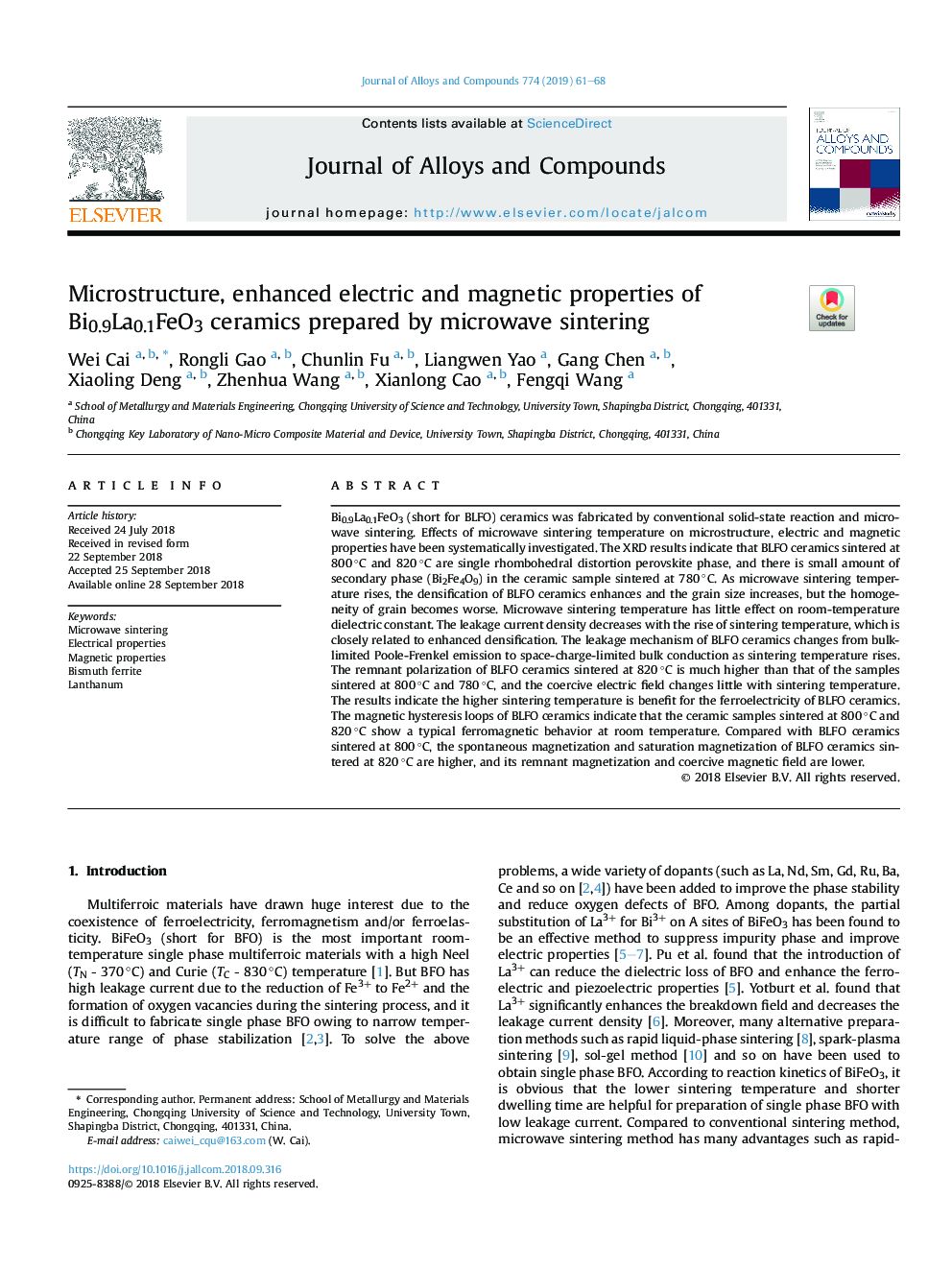 Microstructure, enhanced electric and magnetic properties of Bi0.9La0.1FeO3 ceramics prepared by microwave sintering