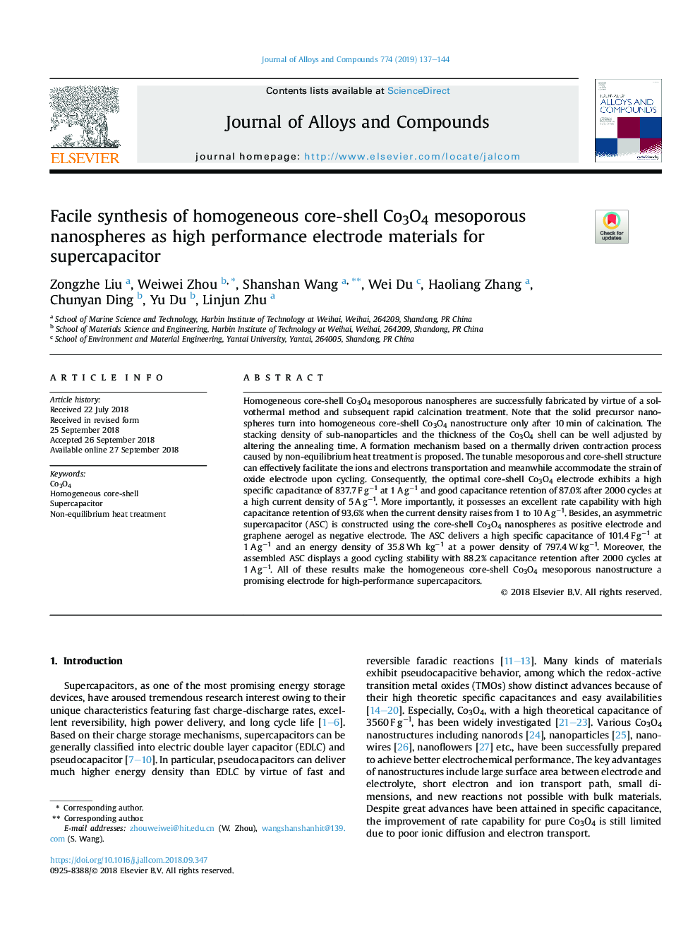 Facile synthesis of homogeneous core-shell Co3O4 mesoporous nanospheres as high performance electrode materials for supercapacitor