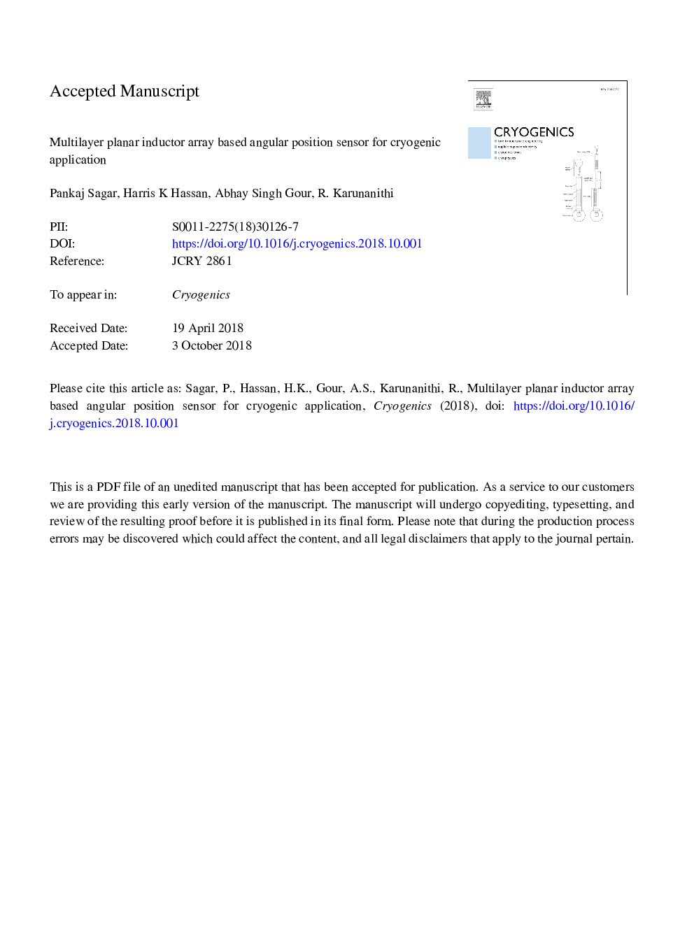 Multilayer planar inductor array based angular position sensor for cryogenic application