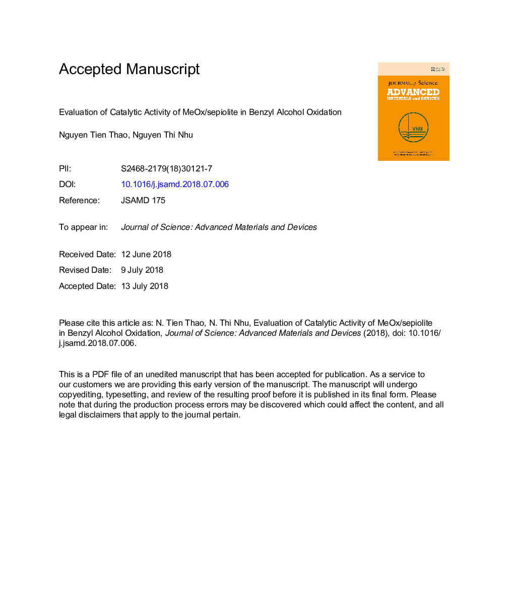 Evaluation of catalytic activity of MeOx/sepiolite in benzyl alcohol oxidation