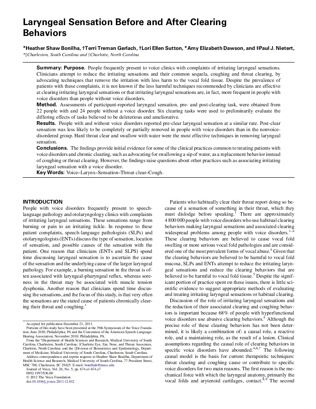 Laryngeal Sensation Before and After Clearing Behaviors