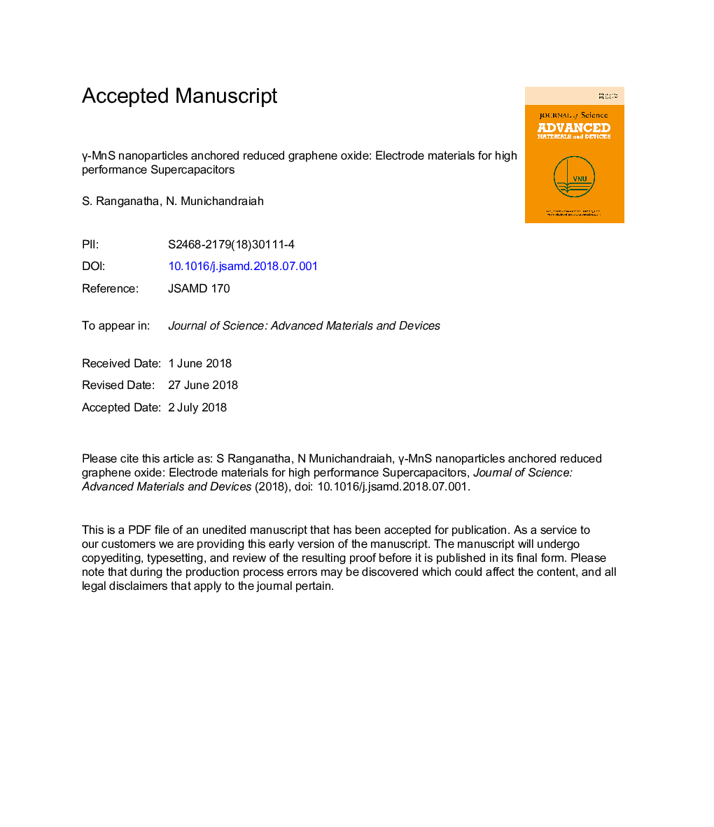 Î³-MnS nanoparticles anchored reduced graphene oxide: Electrode materials for high performance supercapacitors