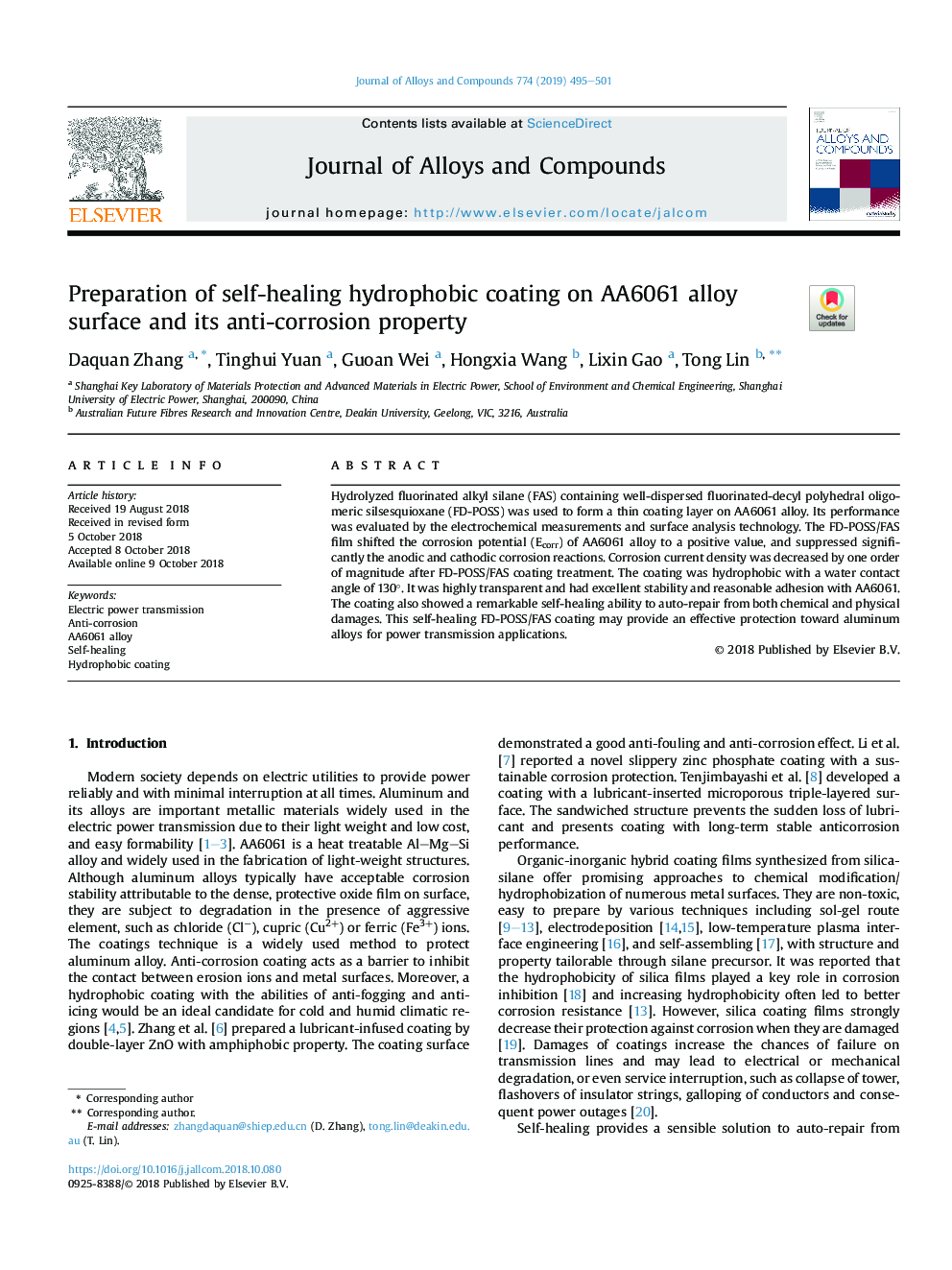 Preparation of self-healing hydrophobic coating on AA6061 alloy surface and its anti-corrosion property