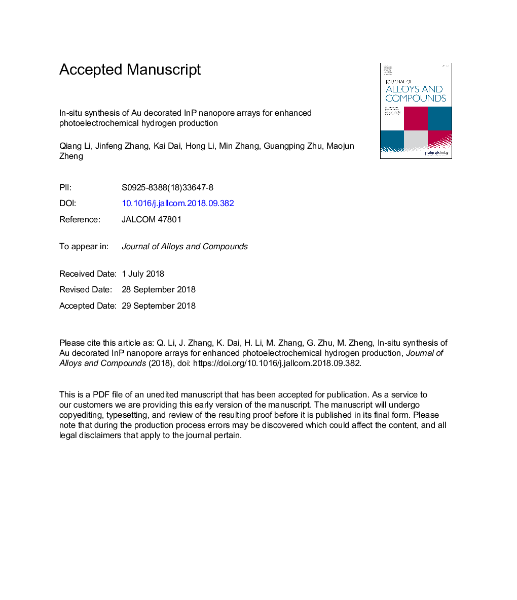 In-situ synthesis of Au decorated InP nanopore arrays for enhanced photoelectrochemical hydrogen production