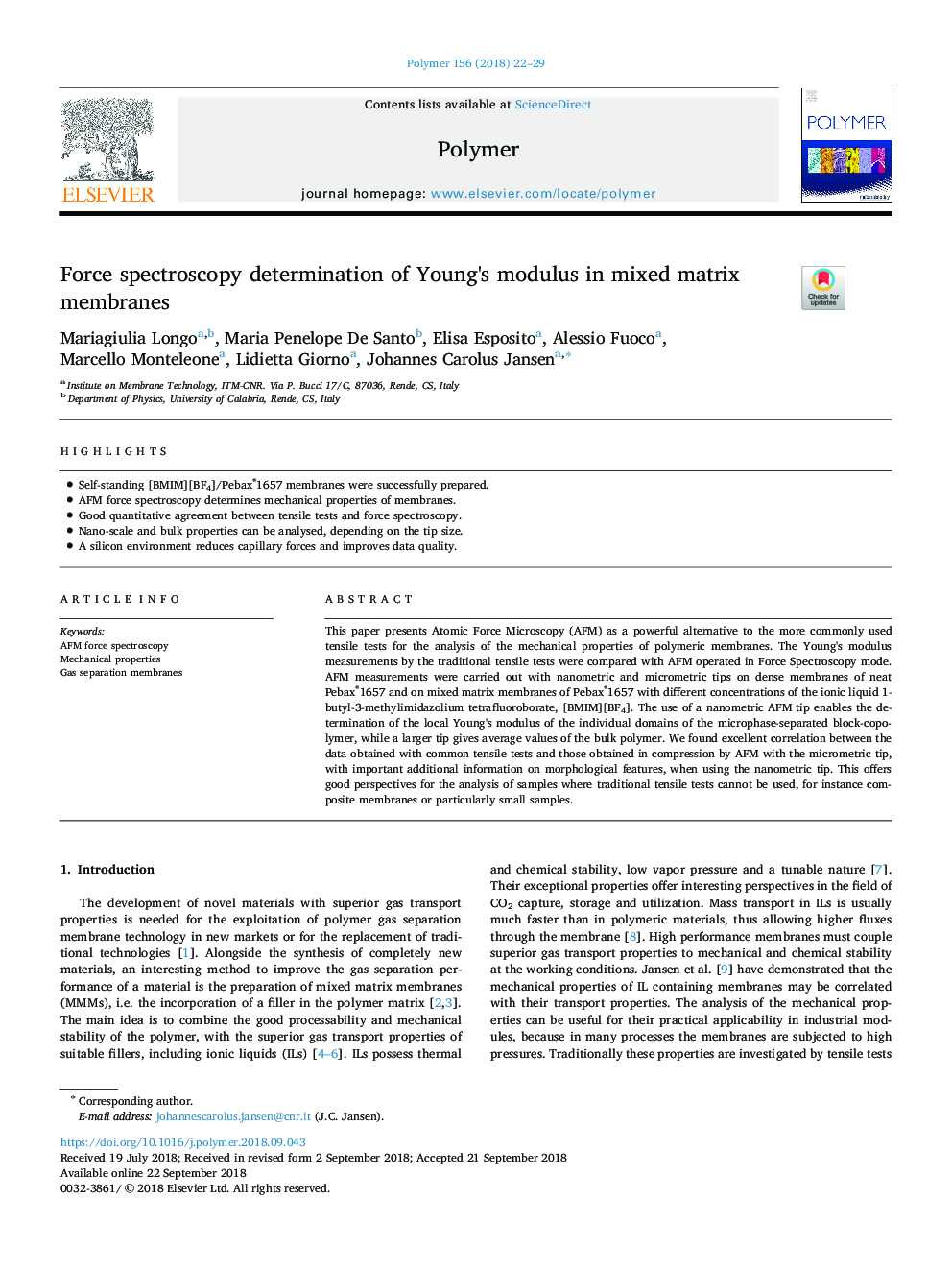 Force spectroscopy determination of Young's modulus in mixed matrix membranes