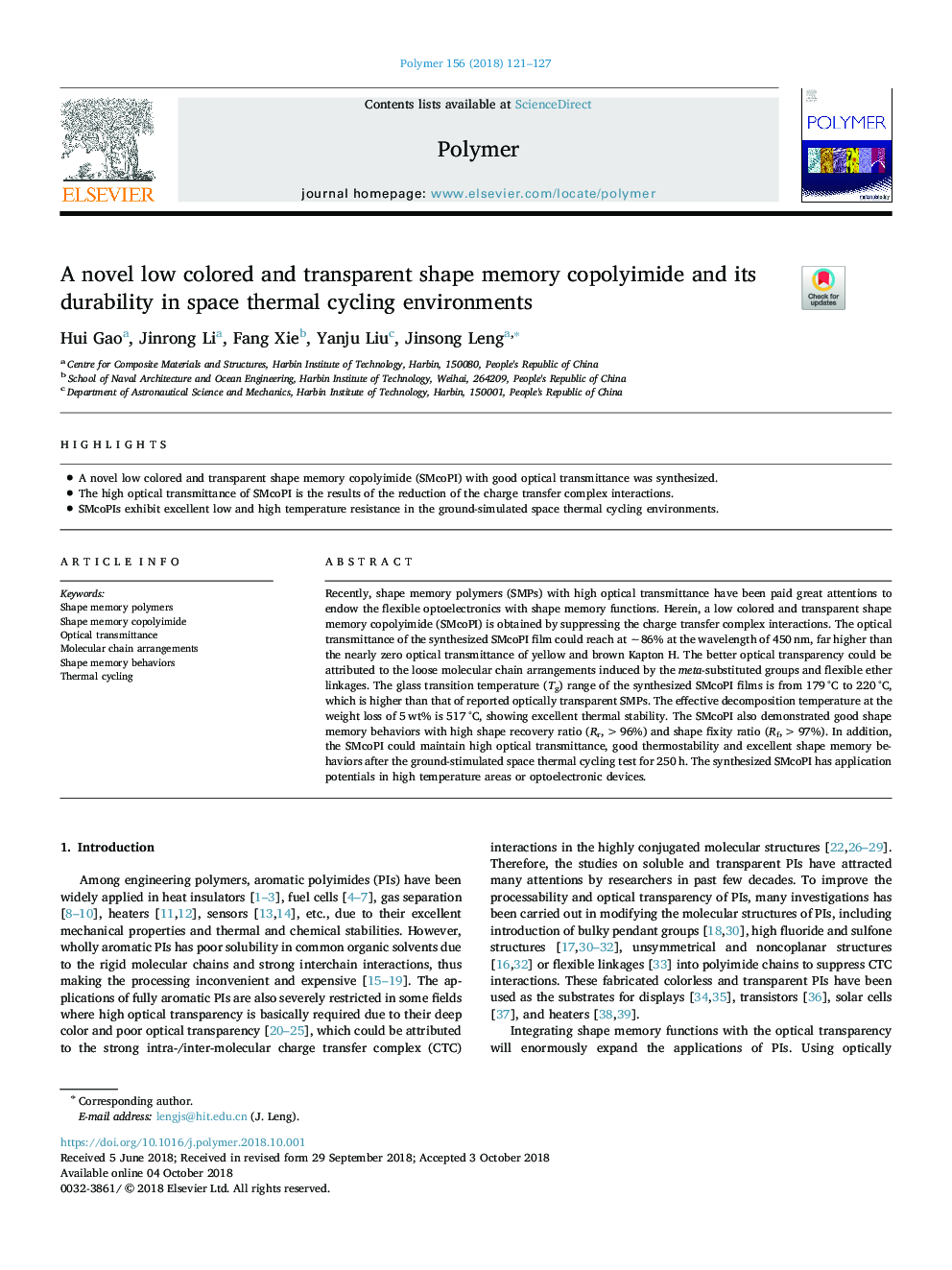 A novel low colored and transparent shape memory copolyimide and its durability in space thermal cycling environments