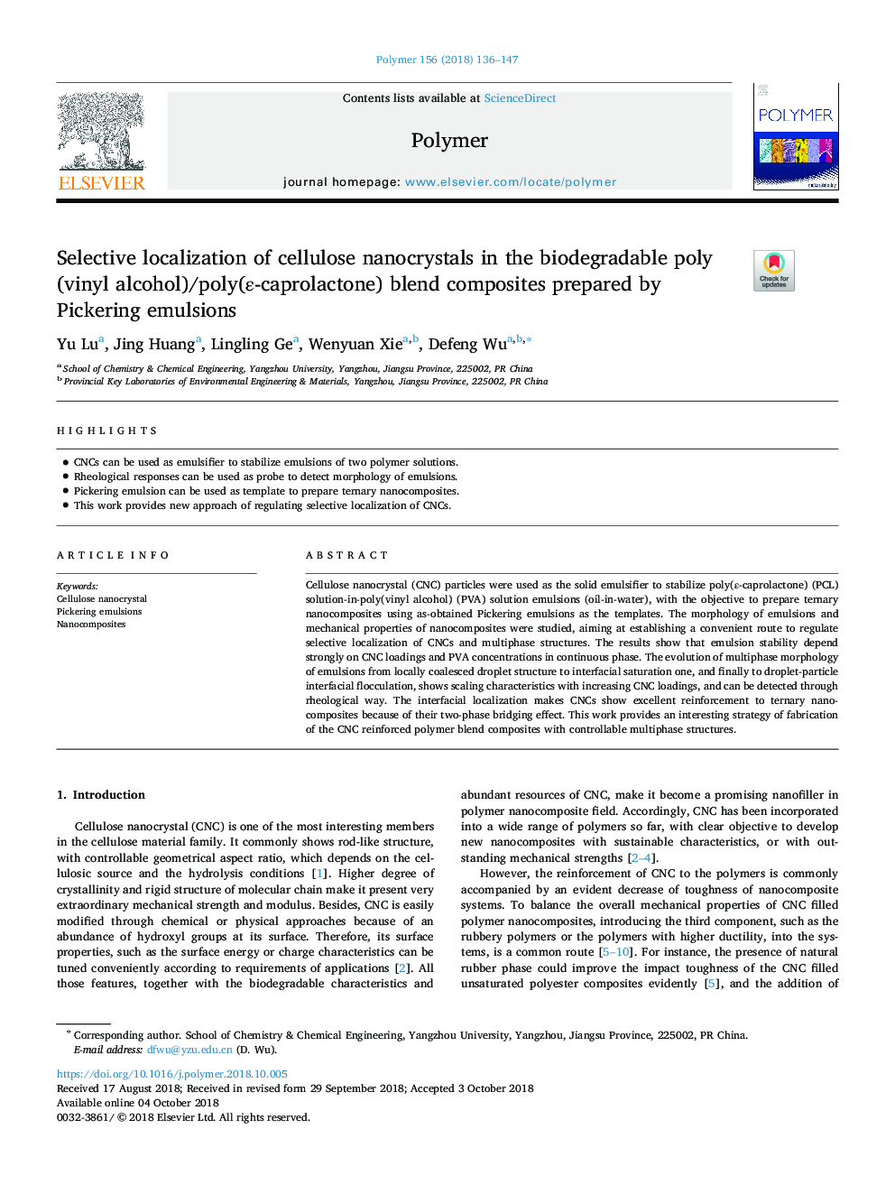 Selective localization of cellulose nanocrystals in the biodegradable poly(vinyl alcohol)/poly(Îµ-caprolactone) blend composites prepared by Pickering emulsions