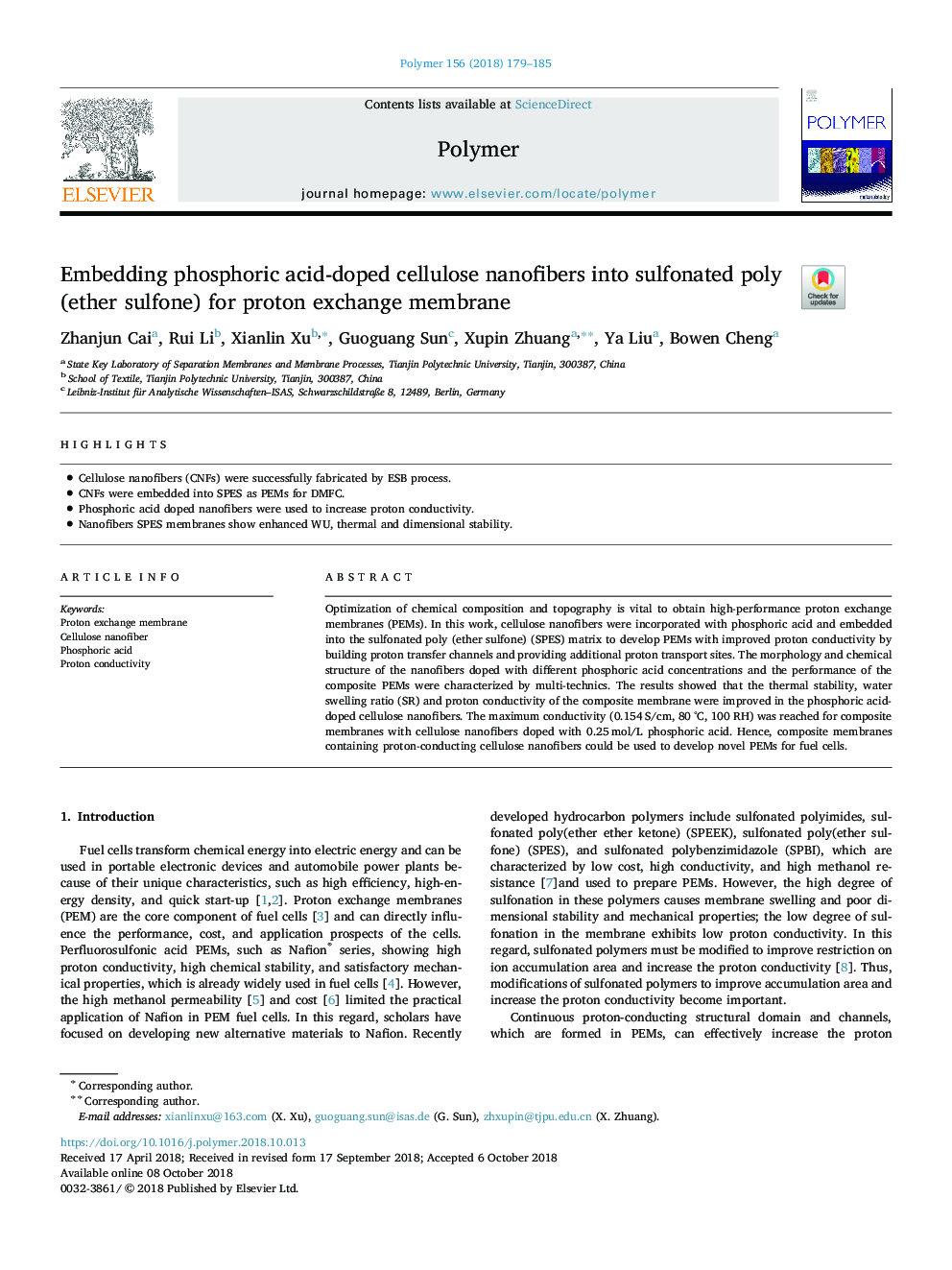 Embedding phosphoric acid-doped cellulose nanofibers into sulfonated poly (ether sulfone) for proton exchange membrane