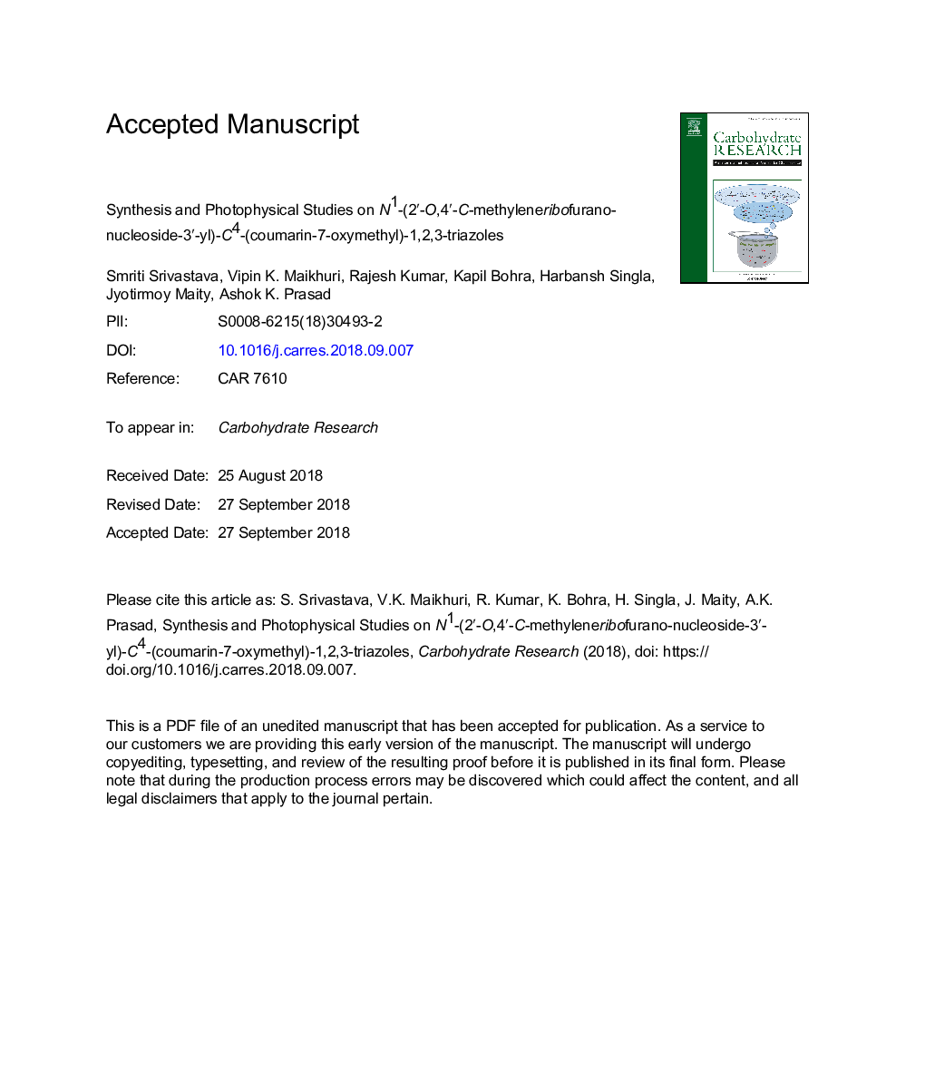 Synthesis and Photophysical Studies on N1-(2â²-O,4â²-C-Methyleneribofurano-nucleoside-3â²-yl)-C4-(coumarin-7-oxymethyl)-1,2,3-triazoles