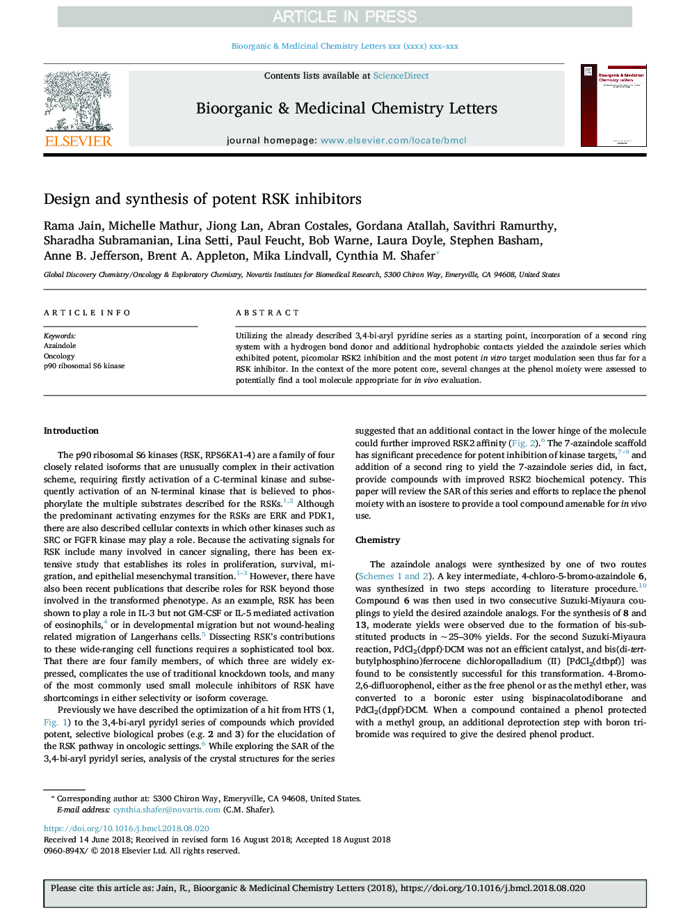 Design and synthesis of potent RSK inhibitors