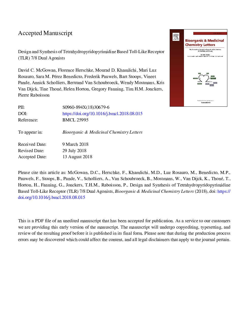 Design and synthesis of tetrahydropyridopyrimidine based Toll-Like Receptor (TLR) 7/8 dual agonists