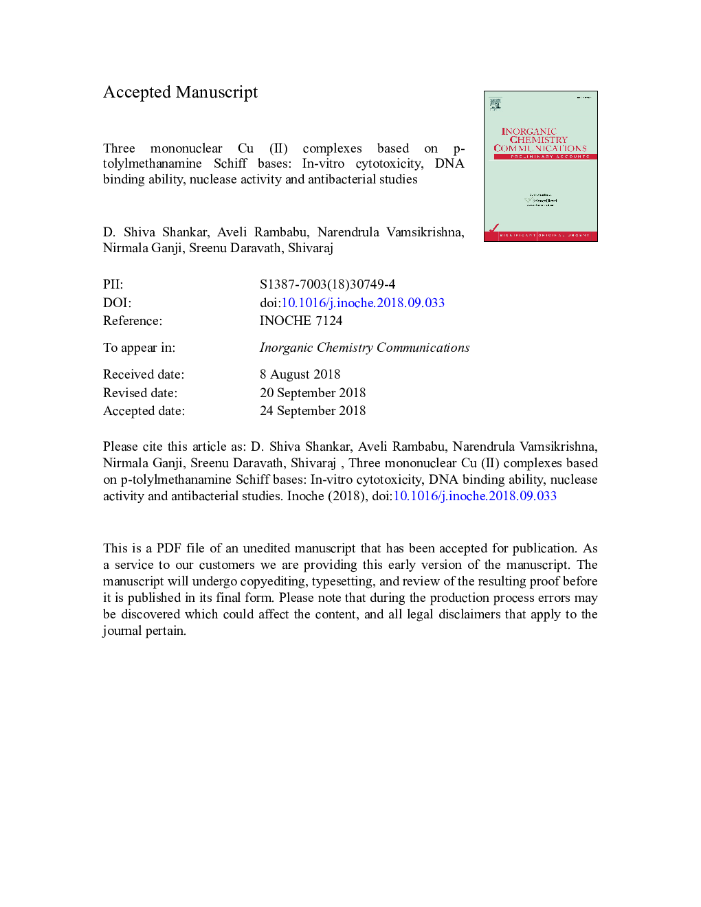 Three mononuclear Cu (II) complexes based on p-tolylmethanamine Schiff bases: In-vitro cytotoxicity, DNA binding ability, nuclease activity and antibacterial studies