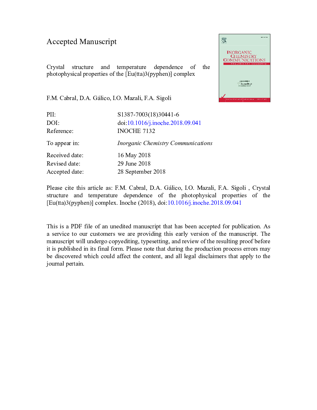 Crystal structure and temperature dependence of the photophysical properties of the [Eu(tta)3(pyphen)] complex