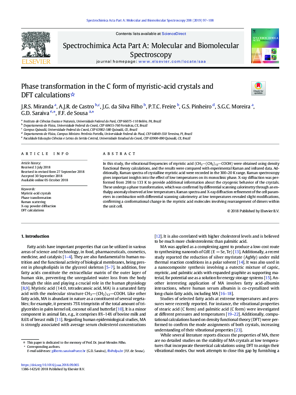 Phase transformation in the C form of myristic-acid crystals and DFT calculations