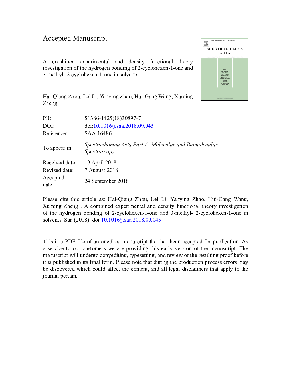 A combined experimental and density functional theory investigation of the hydrogen bonding of 2-cyclohexen-1-one and 3-methyl- 2-cyclohexen-1-one in solvents