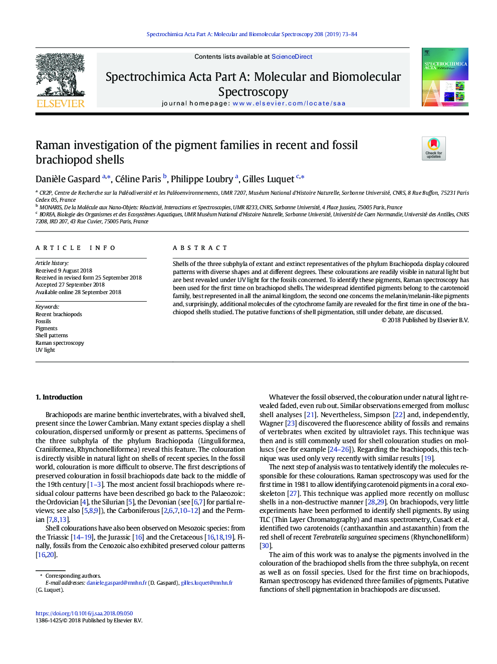 Raman investigation of the pigment families in recent and fossil brachiopod shells