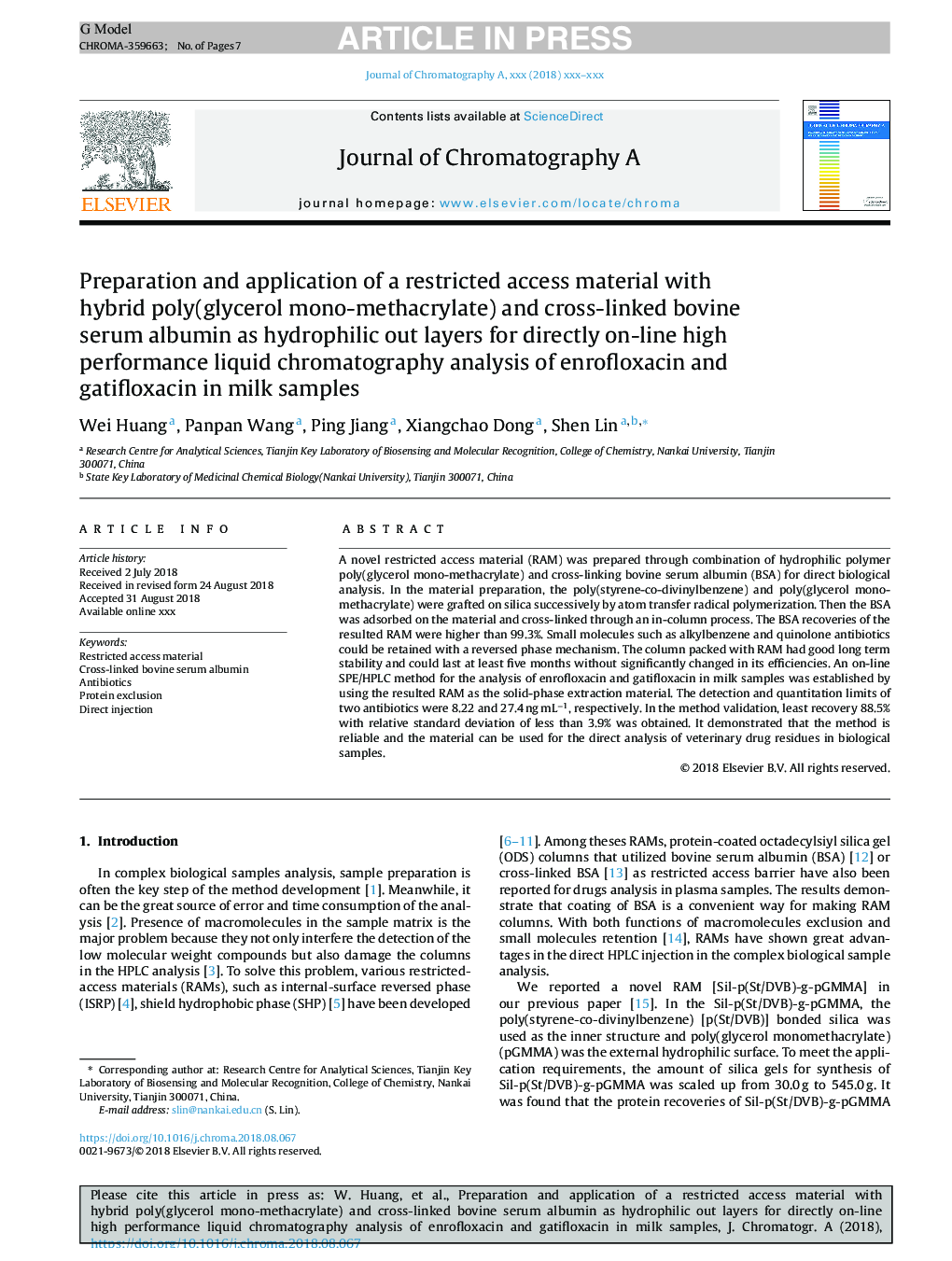 Preparation and application of a restricted access material with hybrid poly(glycerol mono-methacrylate) and cross-linked bovine serum albumin as hydrophilic out layers for directly on-line high performance liquid chromatography analysis of enrofloxacin a