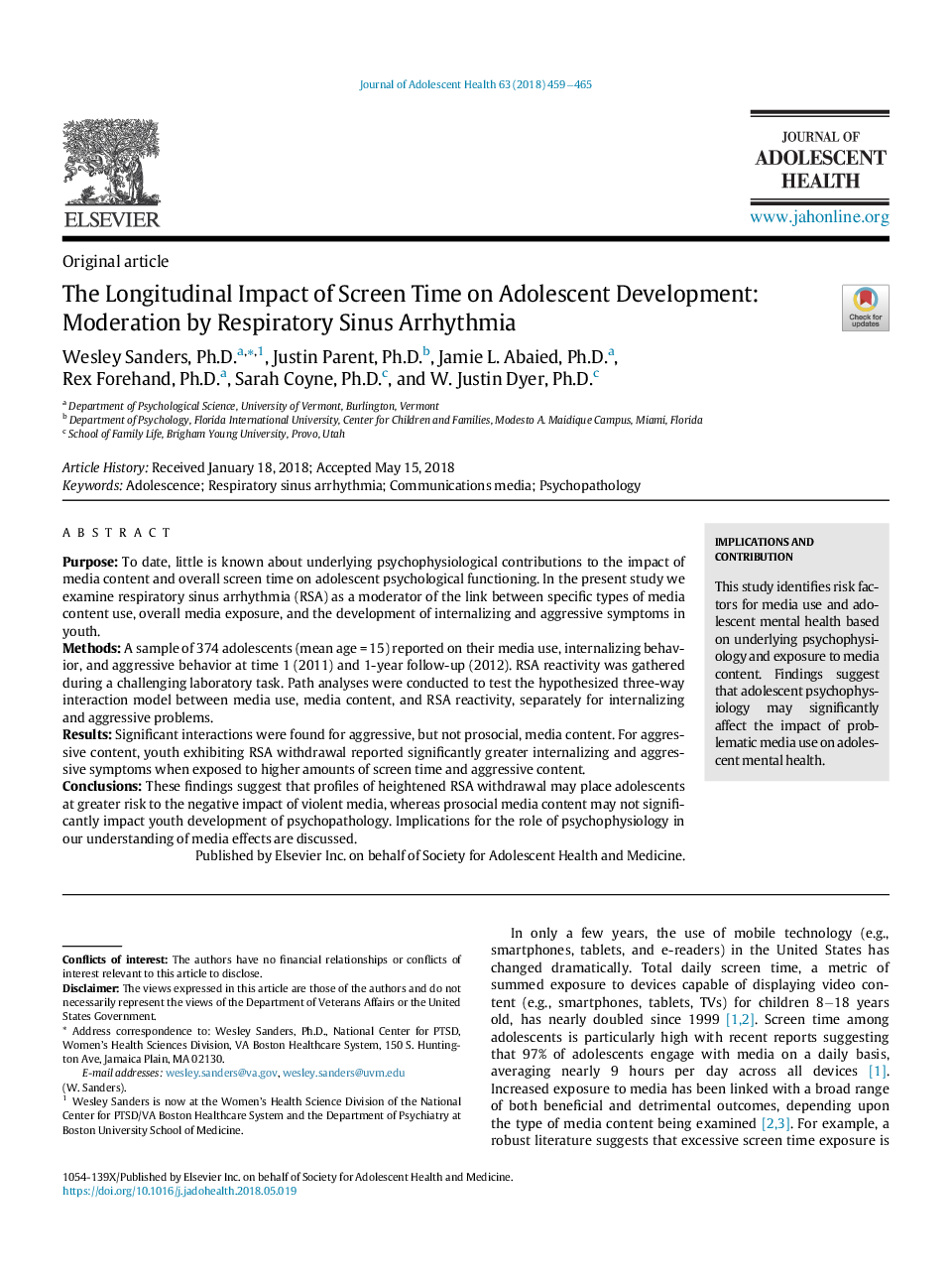 The Longitudinal Impact of Screen Time on Adolescent Development: Moderation by Respiratory Sinus Arrhythmia