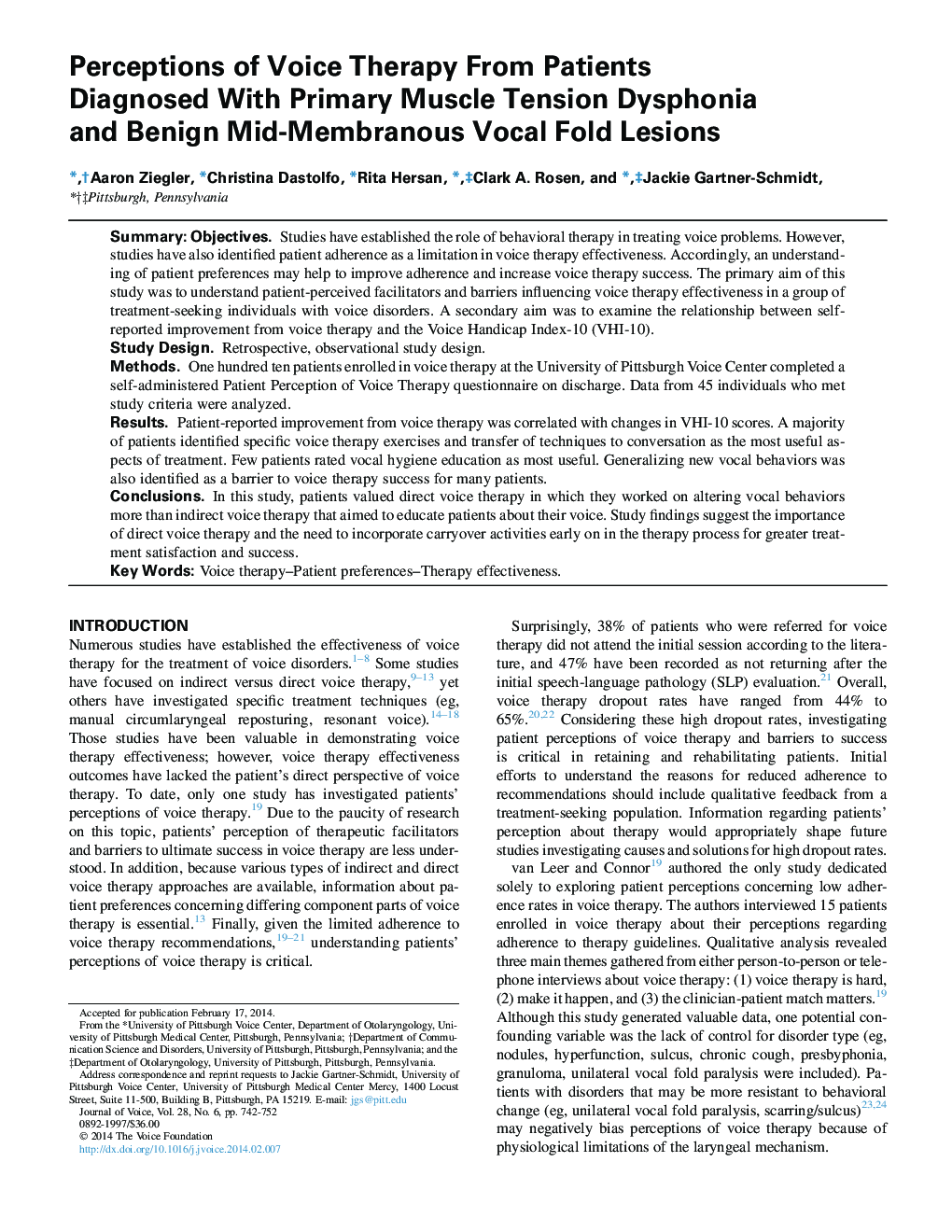 Perceptions of Voice Therapy From Patients Diagnosed With Primary Muscle Tension Dysphonia and Benign Mid-Membranous Vocal Fold Lesions